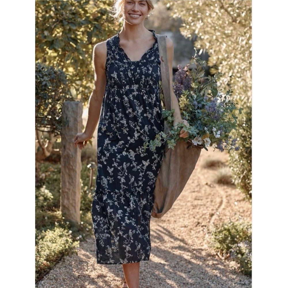 J. Jill Tiered Ruffle Long Dress Birds Pleated Cottagecore Garden Sleeveless S